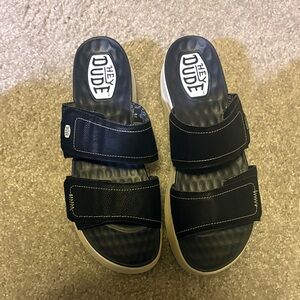 Hey Dude Black Slide Sandals with White Soles Sz 11W